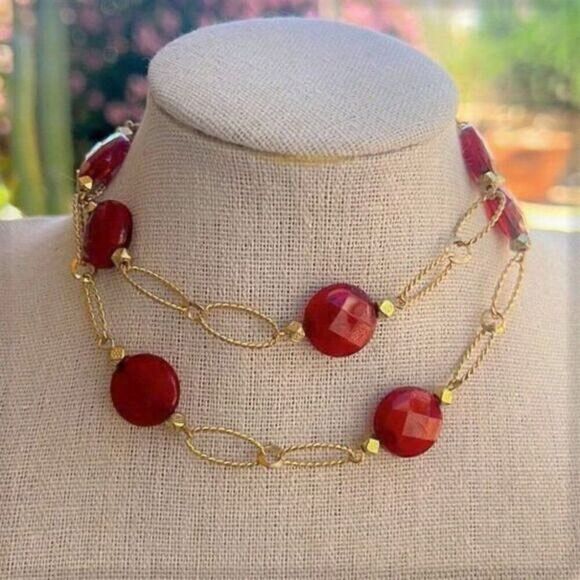 Red & Gold Bead Link Chain Necklace - Picture 3 of 8